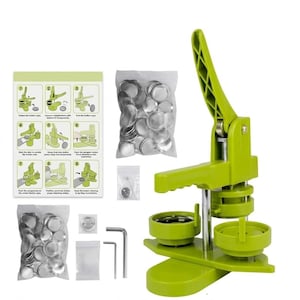 May include: A green button maker machine with a lever, base, and circular molds. Includes a bag of silver button components, instructions, and tools. The machine is designed for creating custom buttons.