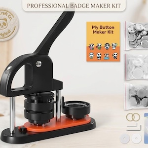 May include: A professional badge maker kit with a black and orange press, button components, and accessories. The kit includes a "My Button Maker Kit" guide and is branded with a panda logo.