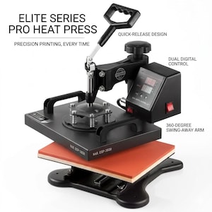 May include: A black Elite Series Pro Heat Press with a quick-release design and a 360-degree swing-away arm. It features dual digital control and a red heating pad. The text on the machine reads "Precision Printing, Every Time."