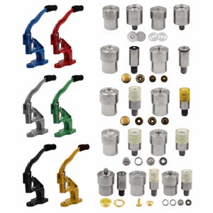 May include: A selection of metal press tools and components for crafting. The image shows lever-operated press machines in blue, red, silver, green, black, and gold, plus metal dies, rivets, and fasteners. Ideal for leatherwork and fabric projects.
