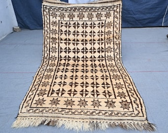 3'4"x5'5" Ft. Vintage Geometric Rug - Afghan Hand Knotted Wool Area Rug, Tribal Rug, Oriental White and black Antique Rug, Bedroom Carpet