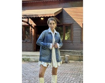 Vintage Blaue Jeansjacke | Retro gewebter Jeansmantel