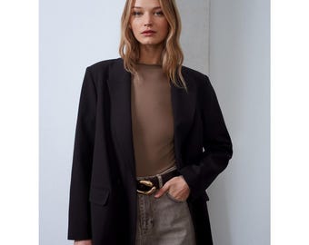 Dunkelbrauner Blazer Frauen Gewebte Bürojacke Kerb Revers Ausgestattet Arbeitsmantel Geschenk