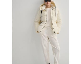 Ecru Kapuzenjacke Frauen Reißverschlusstaschen Warmes Fleece gefüttert Wintermantel Geschenk