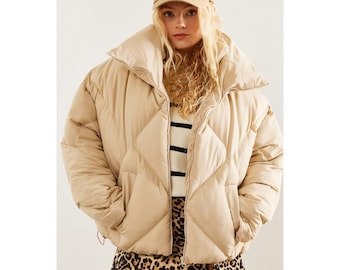 Frauen Oversized Steppjacke Beige Gesteppte Wintermantel Warme Oberbekleidung Geschenk Sie Her