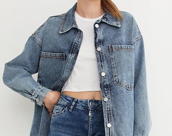 Blaue Oversize Jeansjacke Frauen Relaxed Fit Casual Chic