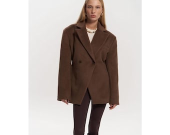 Brauner Wolle Blazer Frauen Zweireihig Taille Fit Büromantel Ruhiges Luxusgeschenk