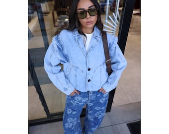 Y2K Ice Blau Jeansjacke | Damen Vintage Jeansmantel mit Reißverschlussärmeln