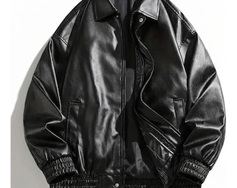Orions Unisex Übergroße Vintage Schwarze Lederjacke | Retro Bomber Biker Mantel | Kunstleder Streetwear