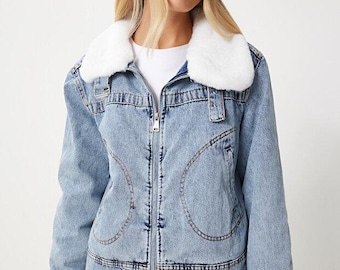 Blau Jeansjacke Frauen Fell gefüttert Warm Winter Vintage Casual Style