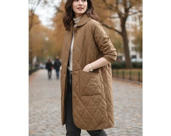 Damen Vintage Langer Steppmantel | Slim Fit Beige Jacke | Elegantes Oberbekleidung Geschenk für sie