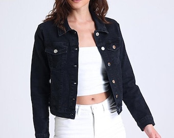 Schwarze Stretch Jeans Kurzjacke | Kurzer, taillierter Jeansmantel für Damen | Hanope