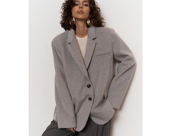 Rauchgraue Blazer Jacke Frauen Wollmischung Gefüttert Büro Mantel Ruhiger Luxus Blazer