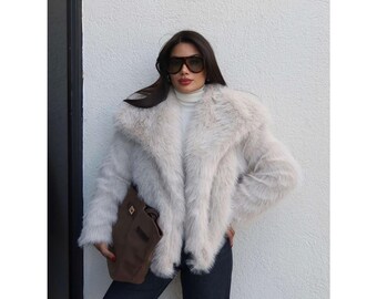 Elfenbein-Kunstpelz-Teddy-Mantel | Schalkragen Winterjacke