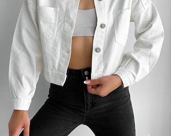 Weiße Jeansjacke Frauen Slim Fit Klassische Vintage Stil Button-Up