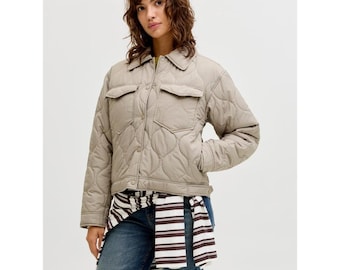 Damen Vintage Khaki Steppjacke | Wattierter Baumwollmantel | Lässiges schickes Oberbekleidung Geschenk für sie