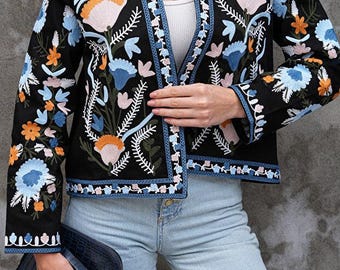 Schwarze bestickte Boho-Jacke | Gewebter Festival Mantel