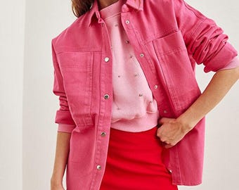 Rosa Oversize Shirt Frauen Casual Button-Up Gabardin Langarm Bluse