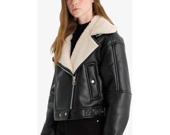 Schwarze Kunstpelz-gefütterte Kunstlederjacke | Damen übergroßer Teddykragen-Mantel | DeFacto