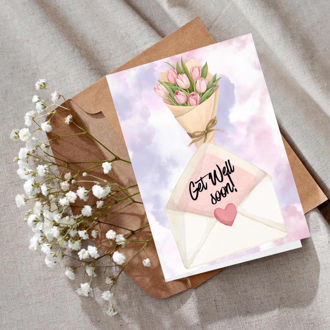 Get Well Soon Card: Pink Tulips Bouquet, Watercolor Floral Greeting ...