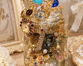 Vintage Gold Schmuck Glas Mystery Box, Antique Style Schmuck Lot, Gold Perle Schatz Glas, Überraschung Schmuck Geschenk für Sie
