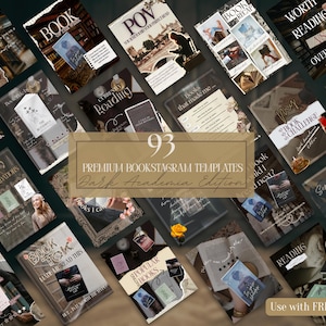 Könnte beinhalten: Eine Sammlung von 93 Premium-Bookstagram-Vorlagen im Dark-Academia-Stil. Die Vorlagen zeigen verschiedene Designs mit Buchgrafiken, Textüberlagerungen und Bildern, ideal für die Erstellung ansprechender Social-Media-Inhalte.