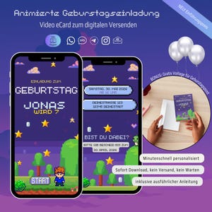 Könnte beinhalten: Digitale Geburtstagseinladung auf zwei Smartphones. Das Design zeigt pixelige Grafiken, Sterne und eine Figur. Der Text enthält "Geburtstag", "Jonas" und Veranstaltungsdetails. Eine Bonuskarte wird mit Luftballons gezeigt.