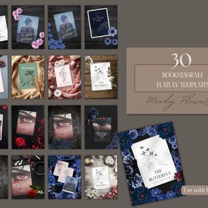 Könnte beinhalten: Eine Sammlung von 30 Bookstagram Flatlay-Vorlagen mit dem Thema Moody Flowers. Die Vorlagen zeigen Buchcover mit Blumenarrangements und dekorativen Elementen, ideal für Social-Media-Inhalte.