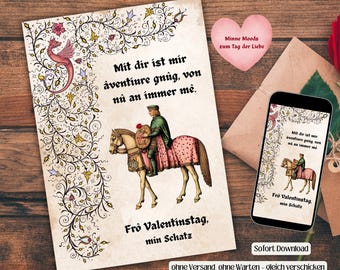 Mittelalterlich inspirierte Valentinstag-Karte, origineller Liebesgruß, Karte Download Drucken,  eCard, WhatsApp
