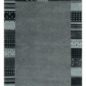 Charcoal Grey Hand Knotted Gabbeh Rug | Modern Patchwork Border Wool Area Rug | Minimalist Tribal Carpet | Custom Sizes Available