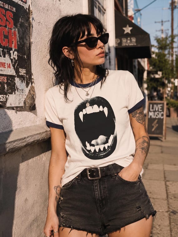 Vampire Bite Tee: Gothic Ringer Tee with Retro Contrast Collar