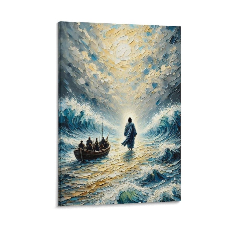 Jesus Walking on Water Canvas Print, Impasto Oil Texture Blue Gold ...