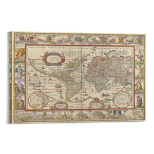 May include: A framed antique world map with detailed illustrations and text. The map features a beige background with colorful depictions of continents, oceans, and decorative borders. The text at the top reads "NOVA TOTIUS TERRARUM ORBIS GEOGRAPHICA AC HYDROGRAPHICA TABULA."