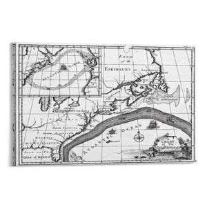 May include: Black and white vintage map print featuring the Atlantic Ocean and North America. The map includes detailed illustrations of coastlines, islands, and the Gulf Stream. Text includes "ATLANTIC OCEAN" and "CHART of The GULSTREAM".