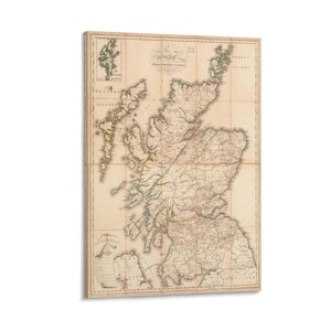 May include: A framed vintage map of Scotland, featuring detailed cartography in shades of beige and brown. The map includes geographical features, place names, and a grid pattern, mounted on a wooden frame. The map is a historical piece.