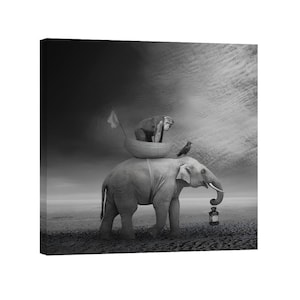 May include: Black and white art print of an elephant carrying a boat with a monkey and a bird. The elephant holds a lantern. The background features a cloudy sky and a desolate landscape.