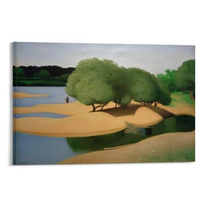 May include: A landscape painting depicts a serene river scene. Sandy banks border the water, with lush green trees providing shade. A small boat rests near the shore, and a figure stands on the sand. The sky is overcast.