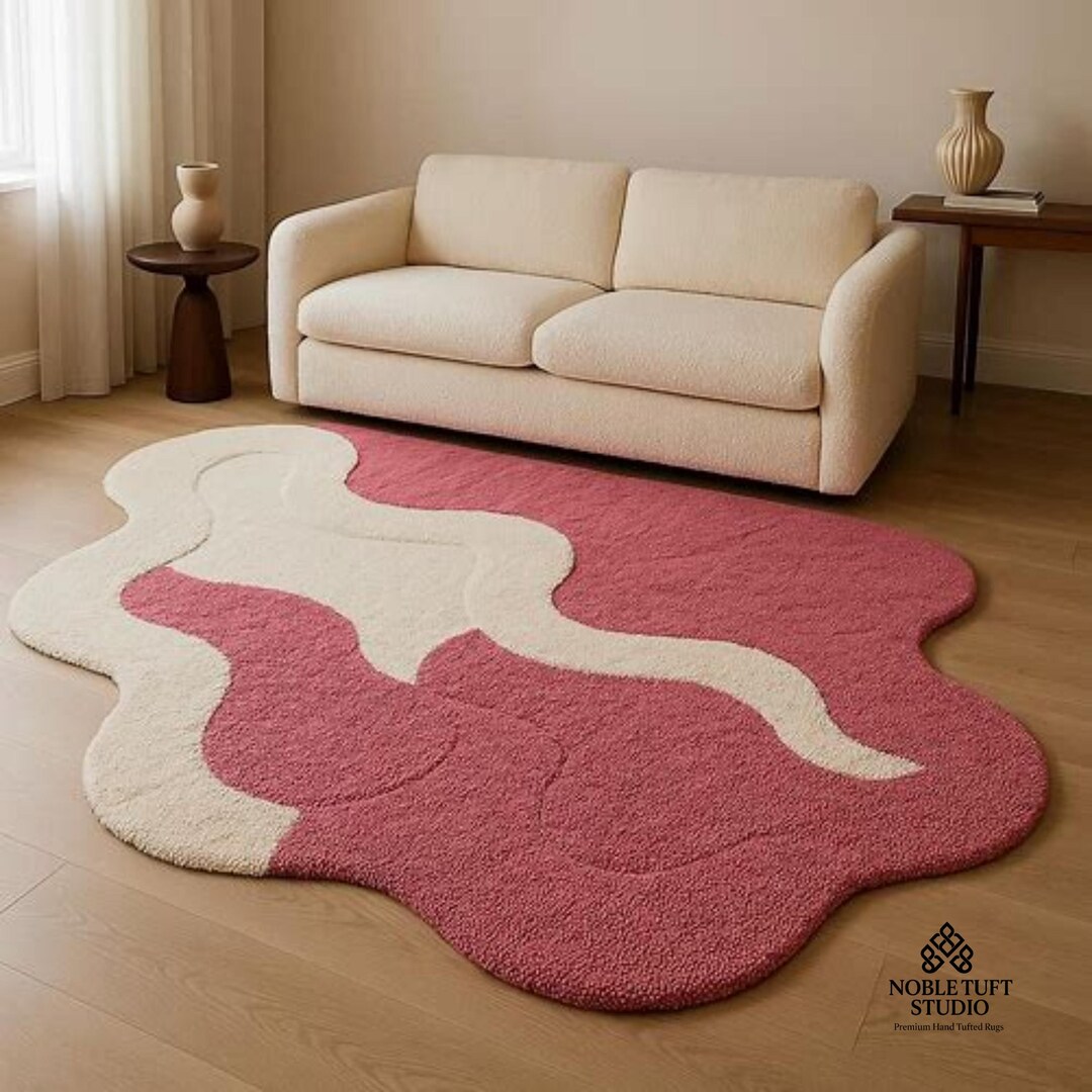 Luxury Hand Tufted Wool Abstract Area Rug –modern Organic Shape Blush ...