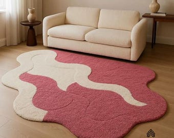 Alfombra de lana tejida a mano, abstracta en rosa ruborizado, moderna y orgánica.