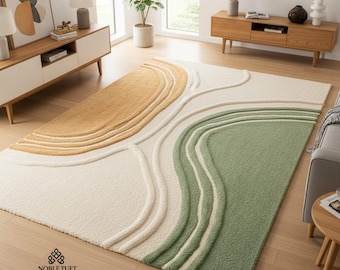 Green Abstract Rug, Modern Area Rug, Hand Tufted Wool Rug, Contemporary Wave Rug, Neutral Living Room Carpet, Custom Size Rug, Designer Home
