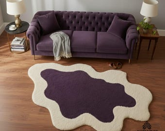 Hand Tufted Wool Rug, Purple Cream Abstract Irregular Shape