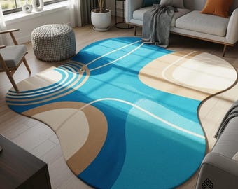 Hand Tufted Wool Area Rug, Abstract Blue Wave Design, Irregular Shape
