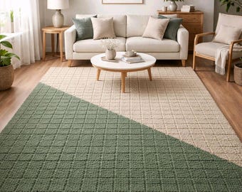Hand Tufted Wool Area Rug, Green Beige Geometric Color Block, Custom Size