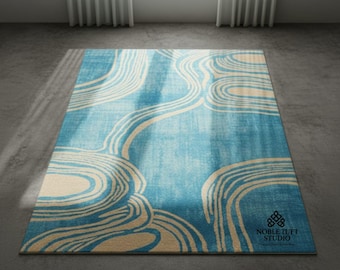 Teal Blue Abstract Wool Rug, Hand Tufted, Custom Size