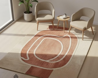 Modern Abstract Tufted Rug, Earthy Terracotta and Beige Hand Tufted Wool Carpet