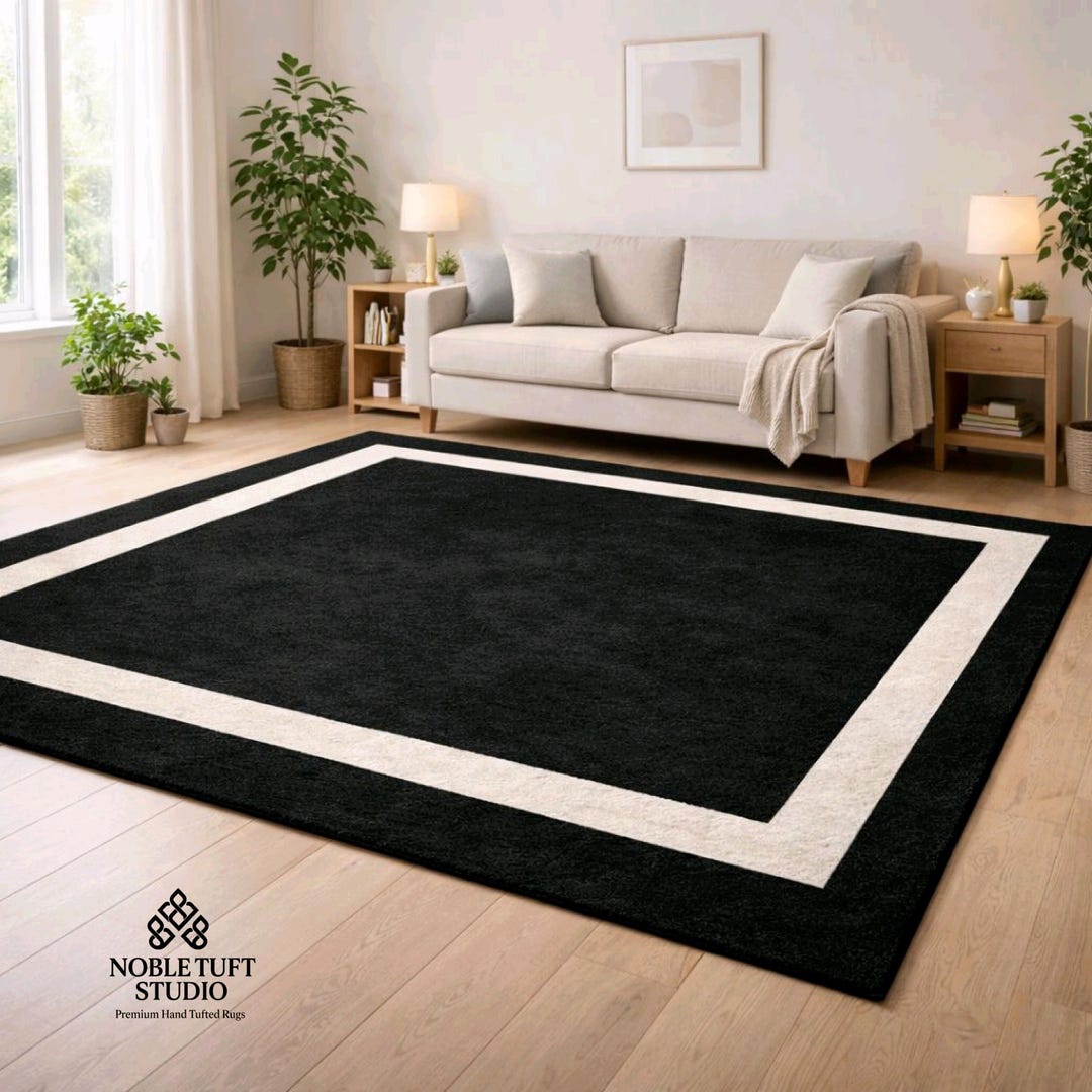 Hand Tufted Wool Rug, Black Border Modern Carpet, Minimalist Living ...