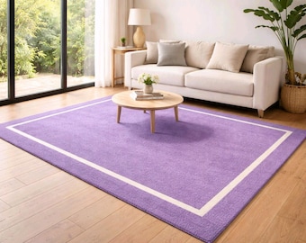 Lavender Area Rug, Purple Border Rug, Hand Tufted Wool Rug, Modern Minimalist Carpet, Luxury Living Room Rug, Bedroom Rug, Custom Size Rug