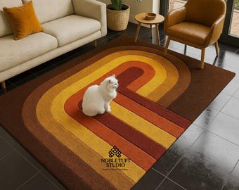 Hand Tufted Wool Rug, Retro Geometric Brown Mustard Carpet, Mid Century Modern Floor Decor