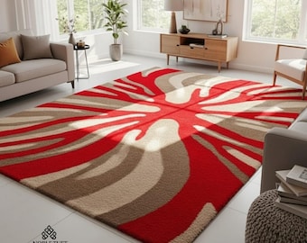 Hand Tufted Wool Area Rug, Red Abstract Modern Carpet, Custom Size
