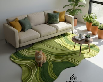 Hand Tufted Wool Rug, Organic Shape, Sage Green Abstract Area Carpet